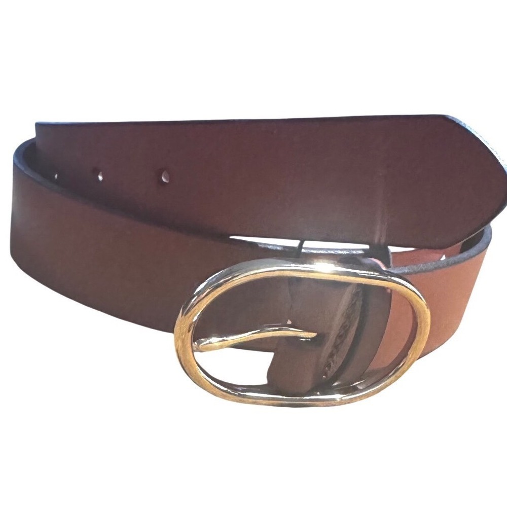 J.Crew Women's Cognac Brown Genuine Leather Belt Gold tone Oval Buckle M/L EUC - Picture 2 of 10